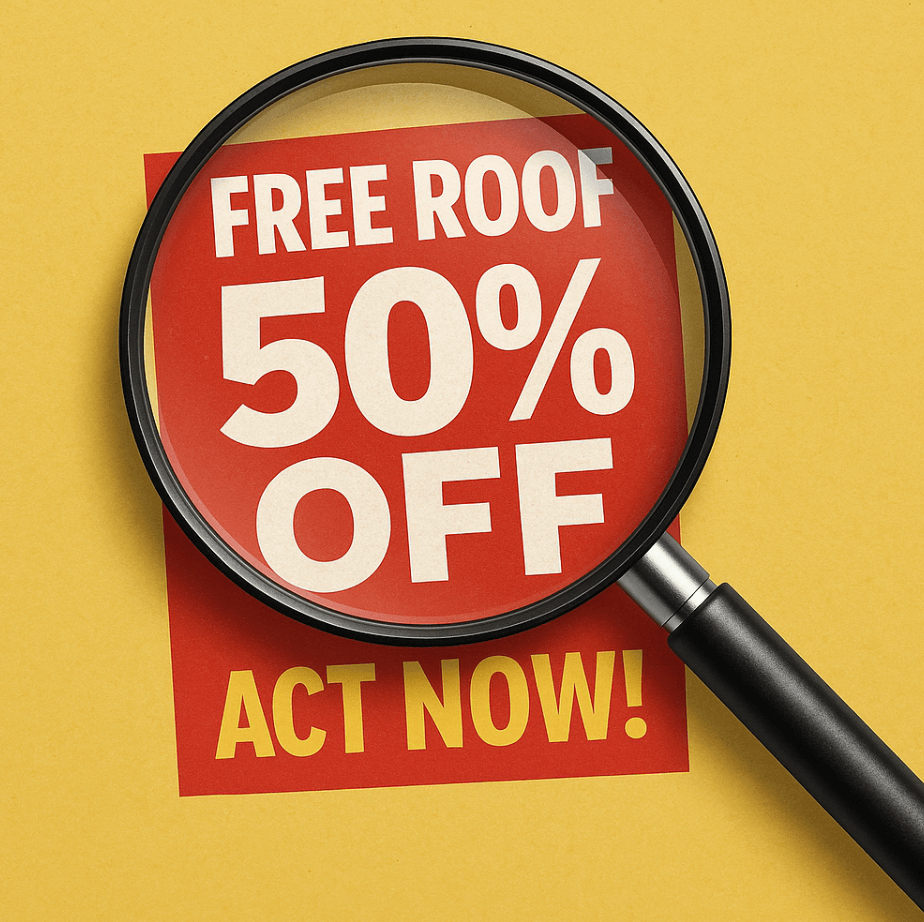 Magnifying glass inspecting deceptive roofing ad with “Free Roof” and “50% Off” claims